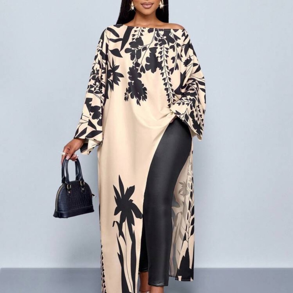 Chic Beige and Black Floral Kaftan